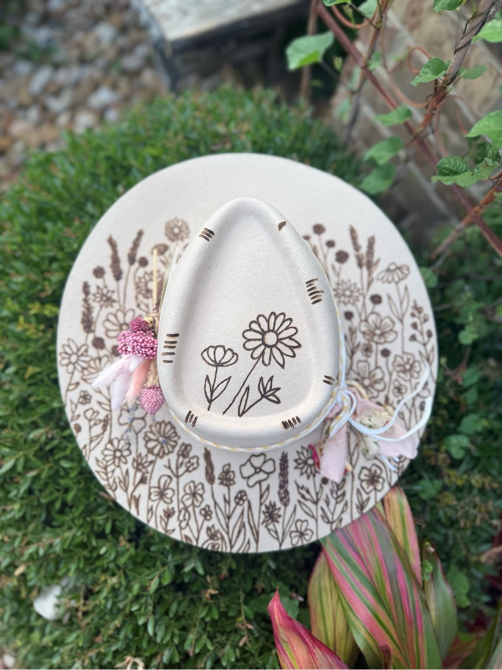 Gigi Pip Cream Custom Hand-Burned Floral Hat